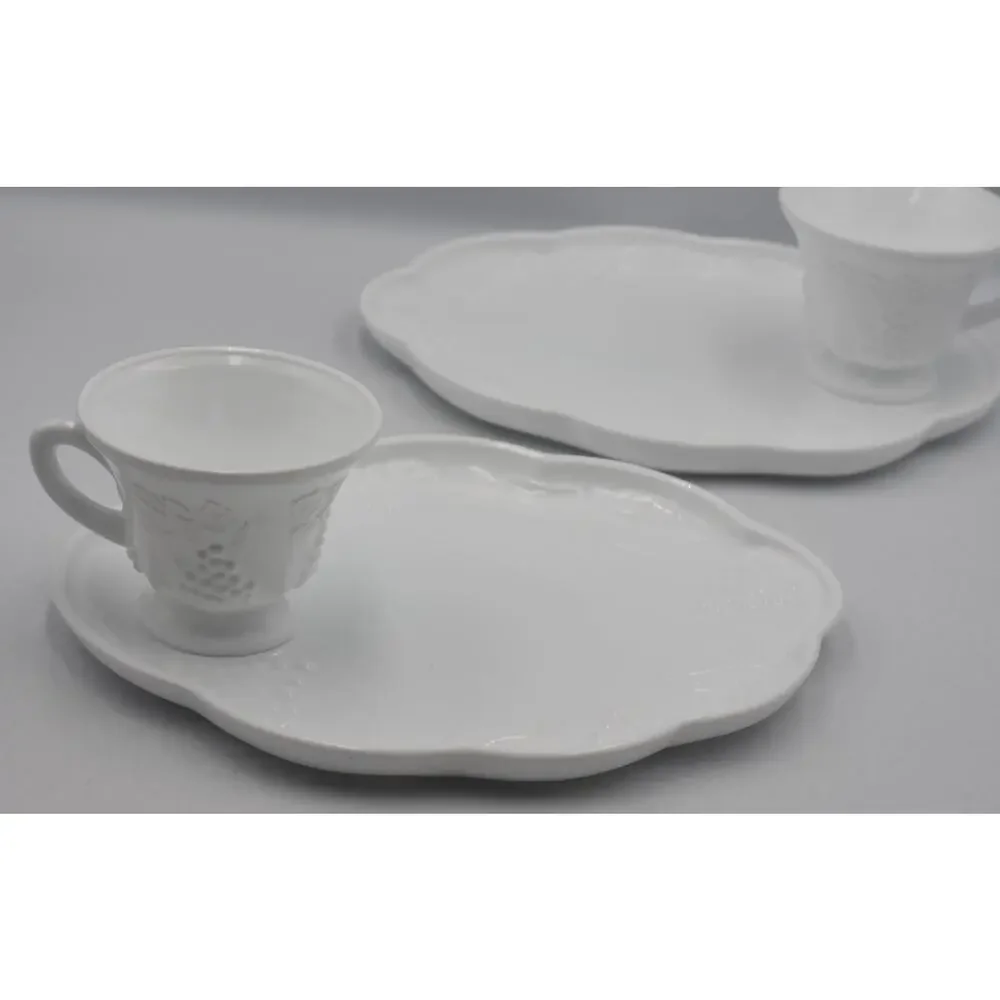 Indiana Colony White Harvest Milk Glass Grape Luncheon Snack Tray & Cup 4pc Set